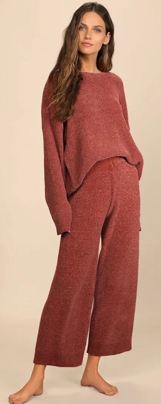 Lulus Comfy Cutie Rusty Rose Chenille Wide Leg Pull On Sweater Pants, Size Small